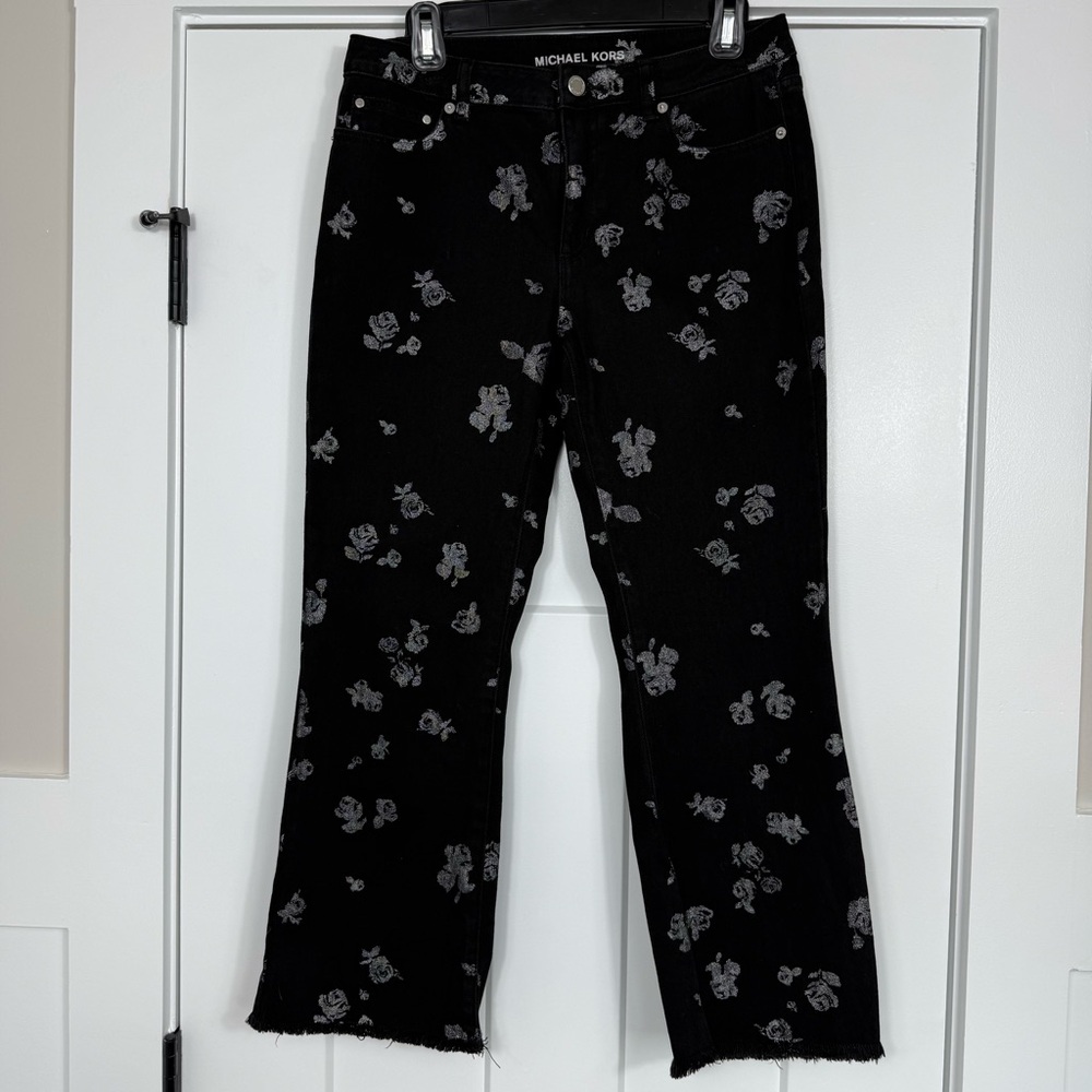 Michael Kors Denim Floral Print Cropped Black Skinny Womens Jeans Size 4